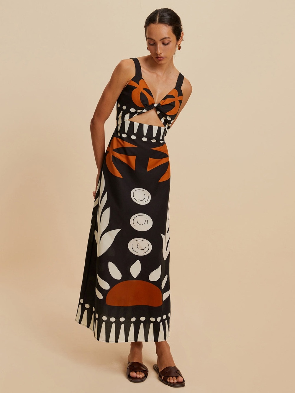 Commense Black & Rust Graphic Print Cutout Dress, Size XL